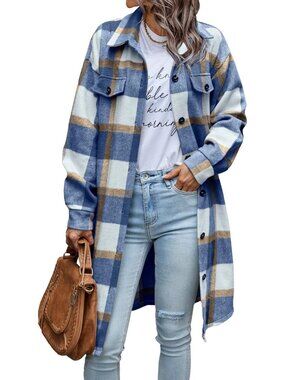 Women's Plaid Blue White Plaid Shacket Jacket Flannel Shirts Long Sleeves Jacket